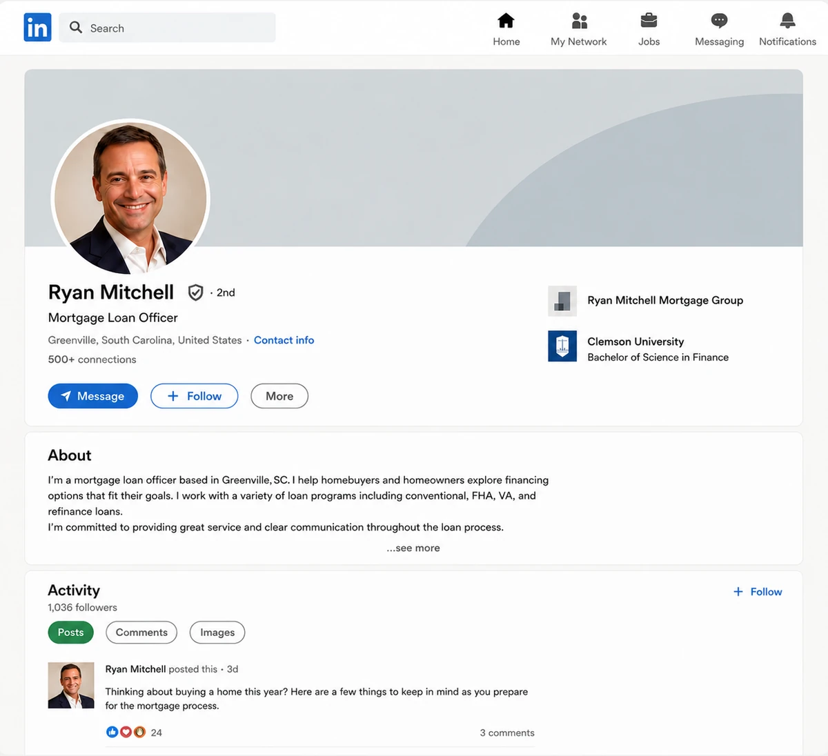 Fictional Ryan Mitchell LinkedIn before demo